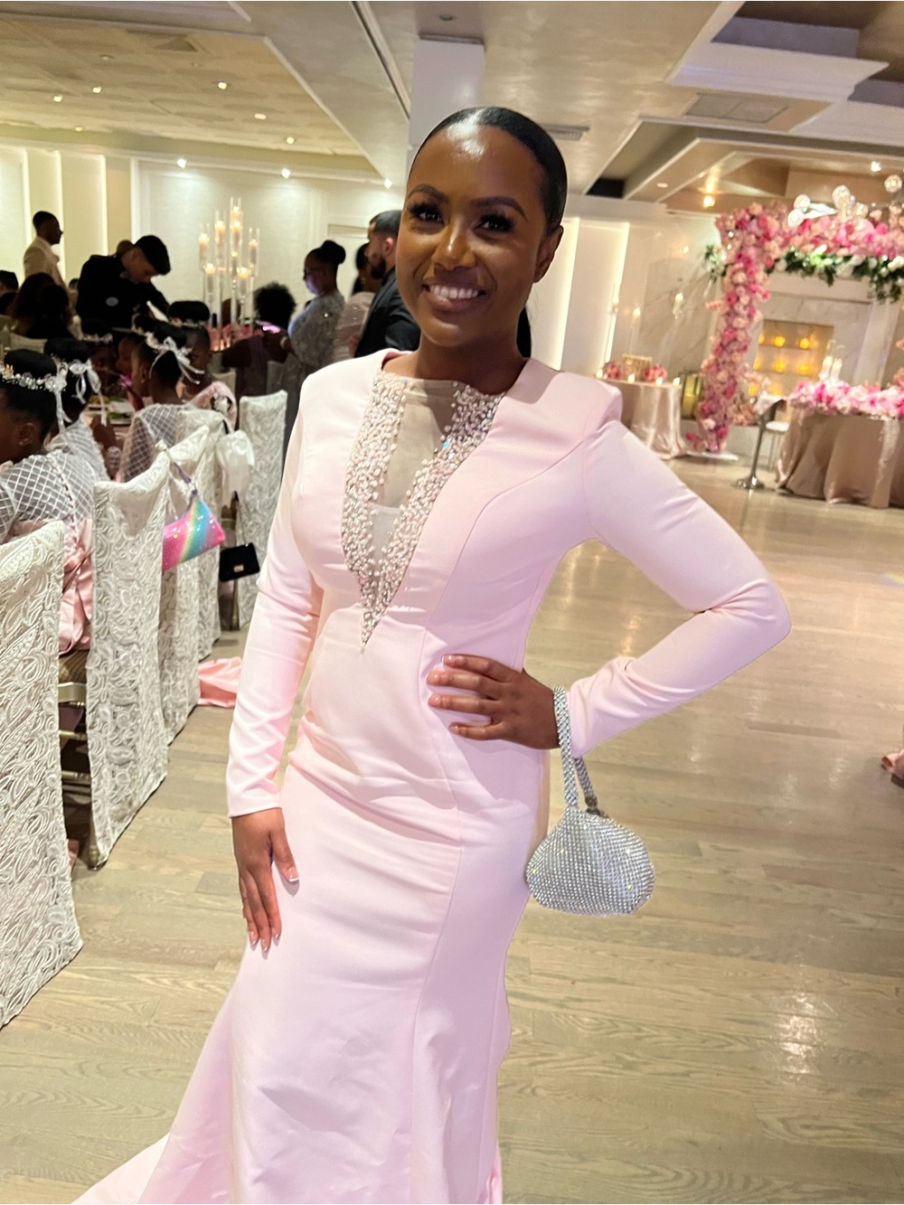 Rose Pink Long-Sleeve Evening Dress with Beaded Plunge Detail